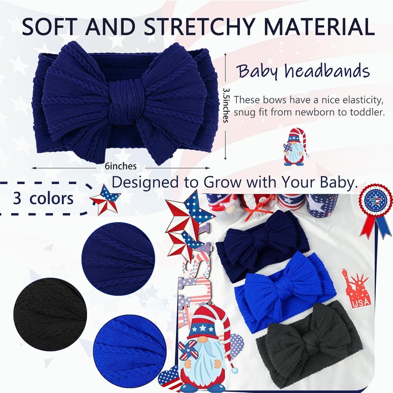 LemonSpace Store Handmade Baby Headband Bows Nylon Blue Bow for Newborn girls Police Day Hair Accessories Infant Girls Hair Bows Flag Blue and Black Stretchy Soft Baby girl Bows Infant Toddlers Headwrap - Image 4